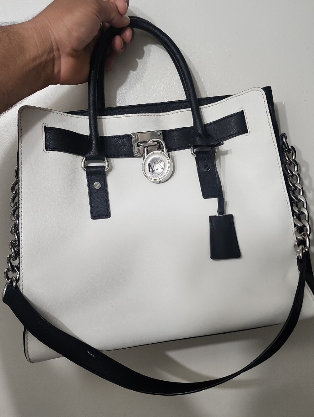 Michael Kors White and Black Safiano Leather Satchel HAMILTON